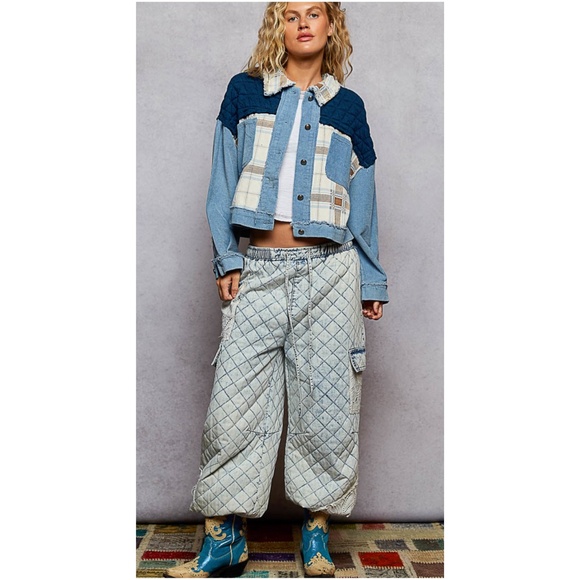 POL Blue Plaid print Frayed Corduroy Pockets Quilted Jacket Shacket - Picture 2 of 4